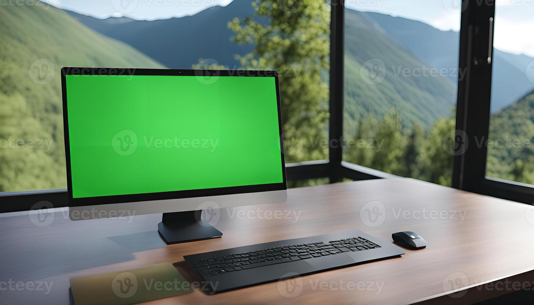 Computer on a desk with a view of nature photo