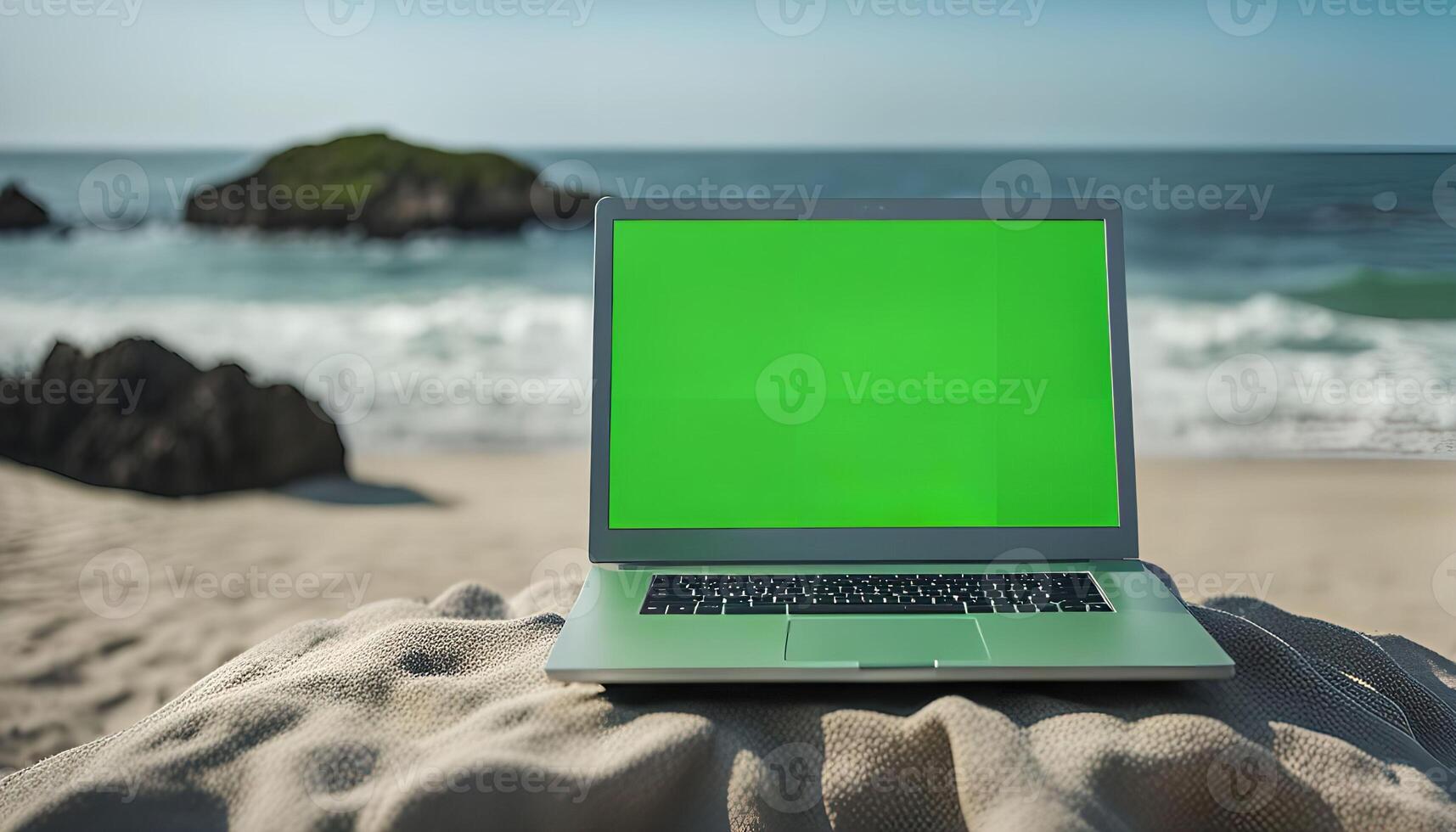 Laptop on a Beach with Green Screen photo