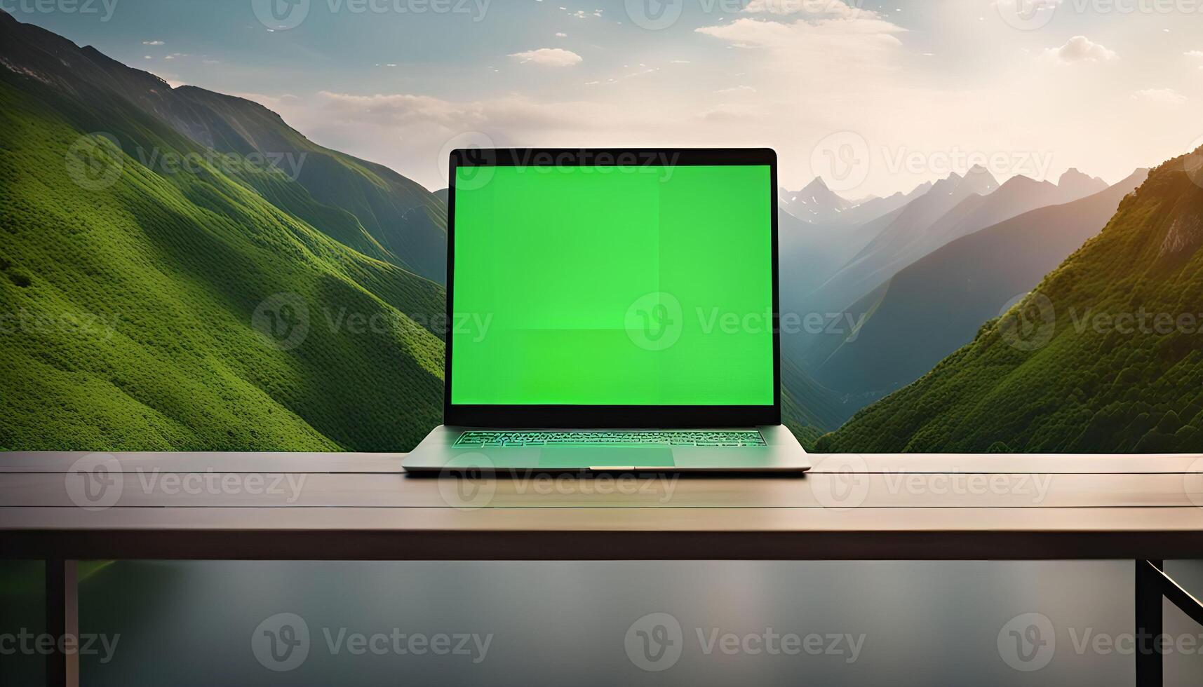 Laptop with Green Screen in Mountainous Landscape photo