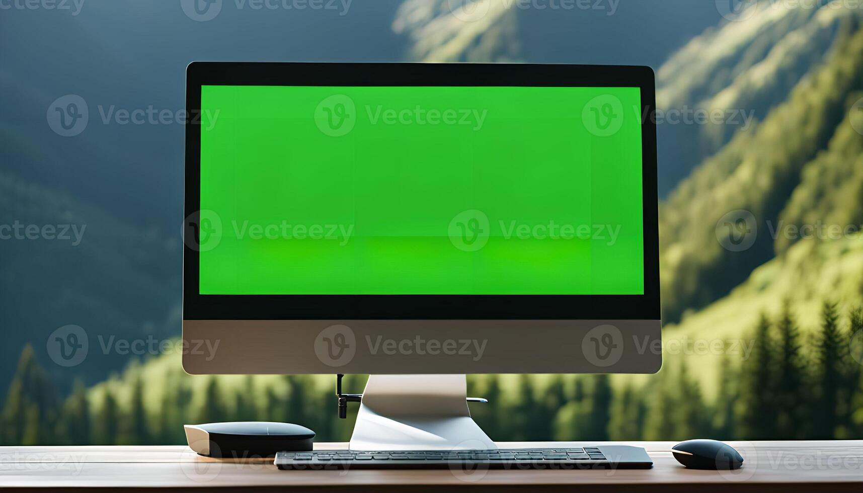 Desktop Computer with Green Screen in Front of Mountains photo