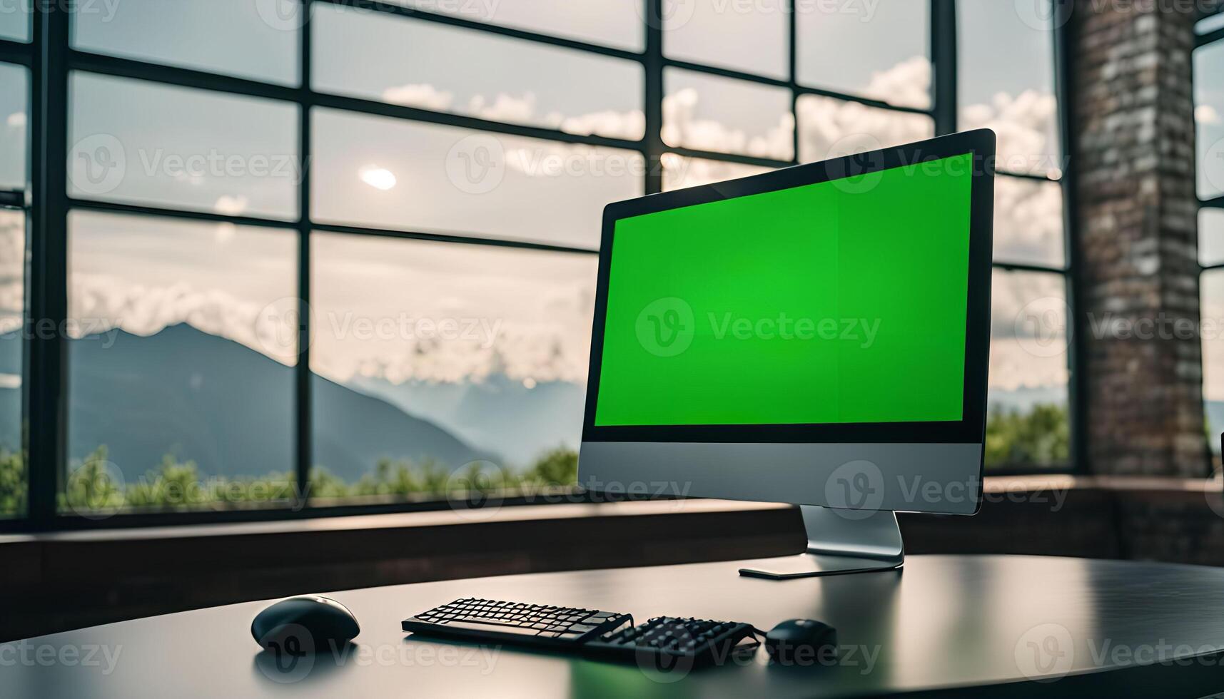 Desktop Computer with Green Screen in a Modern Office photo