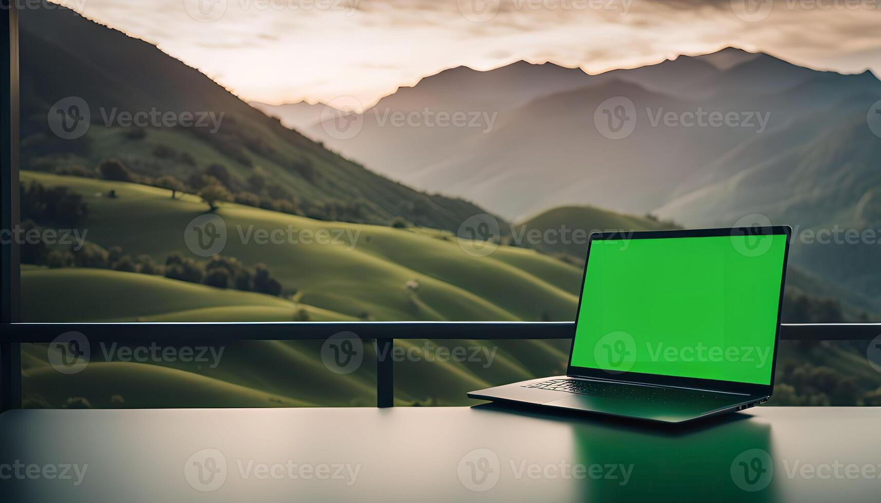 Laptop on a Balcony with Mountain View photo