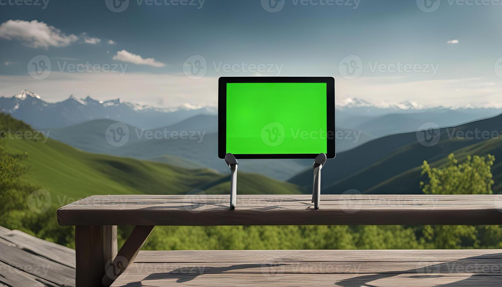 Tablet with Green Screen in Front of Mountainous Landscape photo