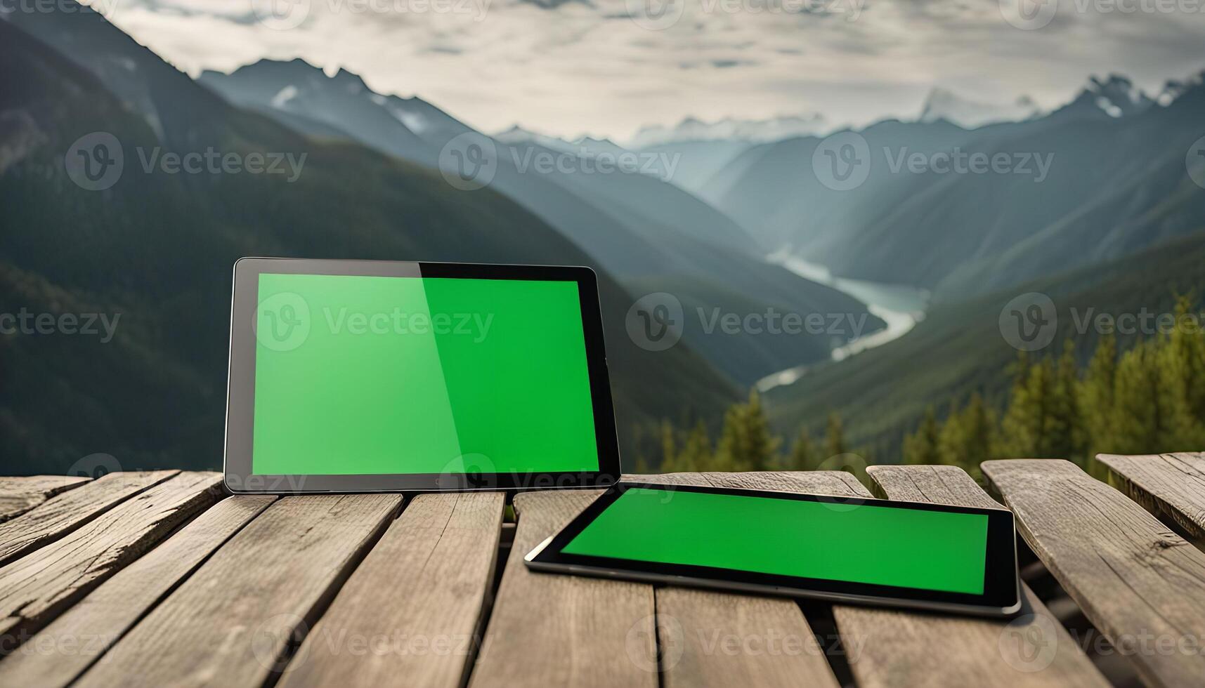 Two Tablets on a Wooden Table With Mountain View photo