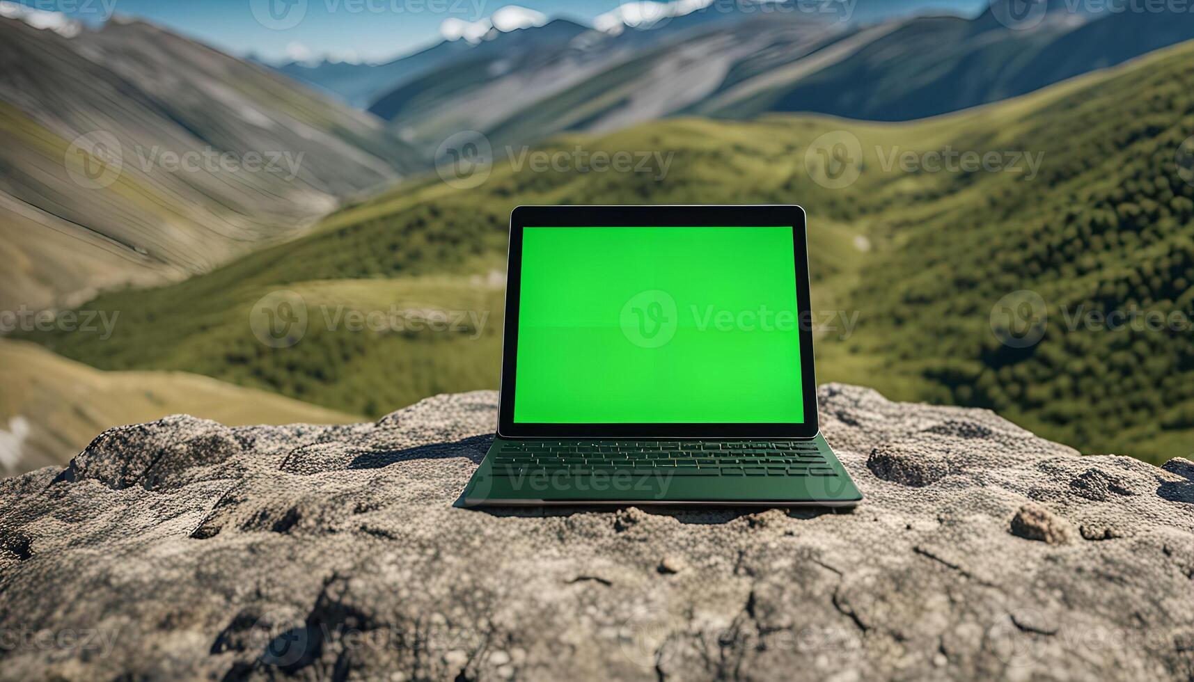 Laptop on a Mountaintop with a Green Screen photo