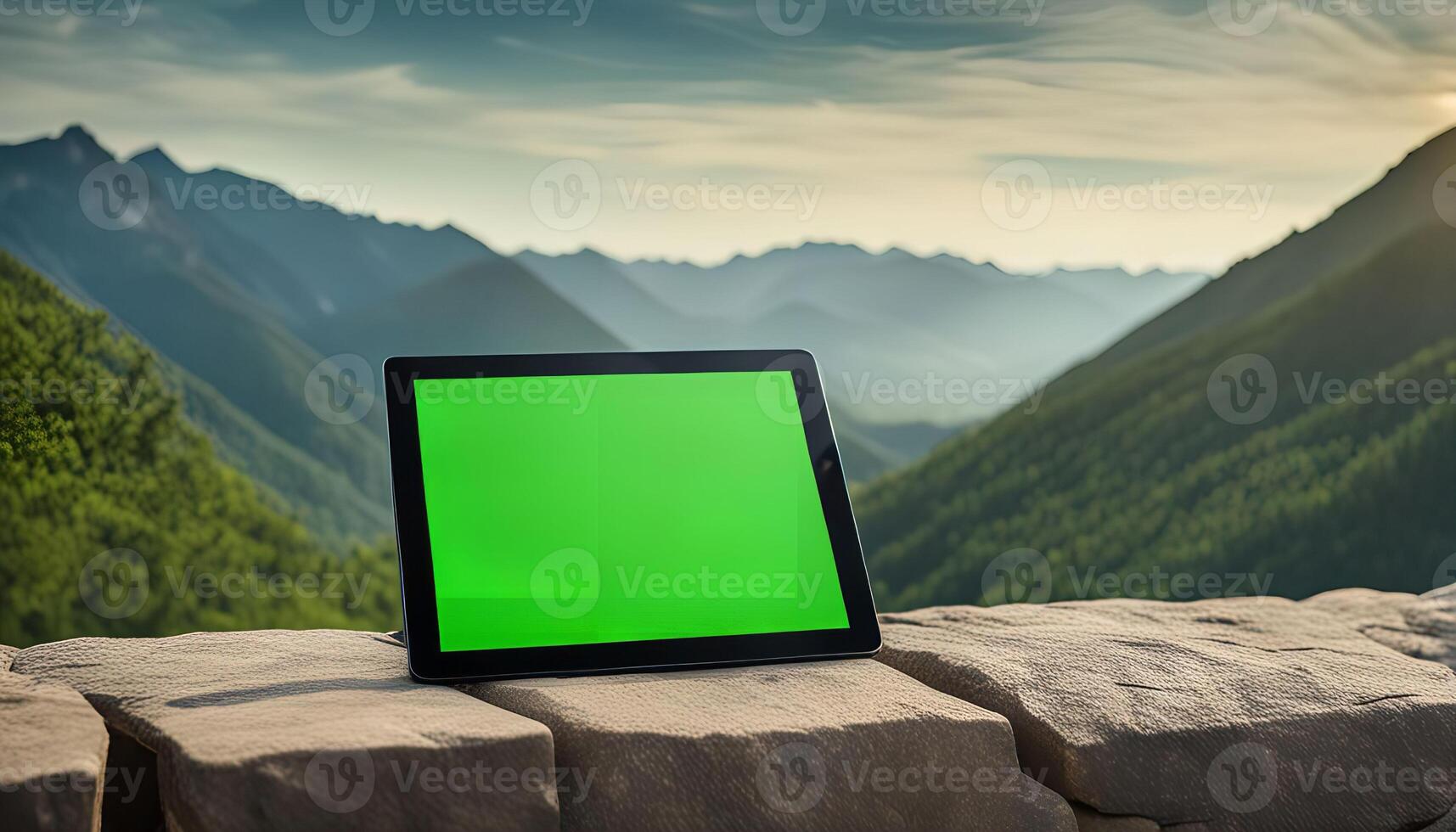 Tablet on Mountaintop with Green Screen photo