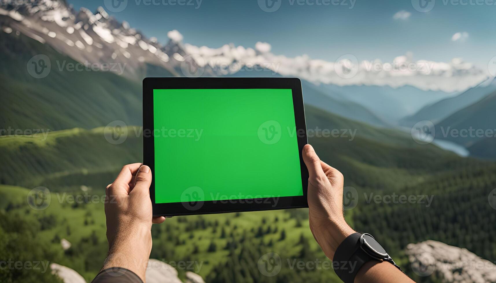 Green Screen Tablet Against Mountain View photo