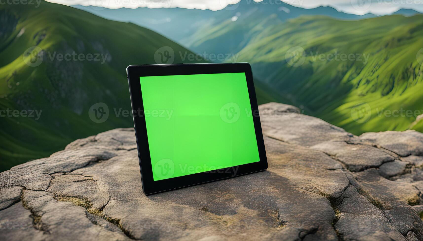 Tablet on a Mountain Peak with Green Screen photo