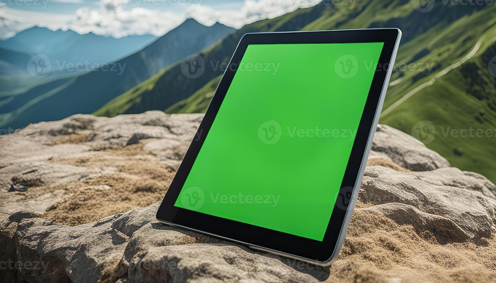 Tablet on Mountaintop with Green Screen photo