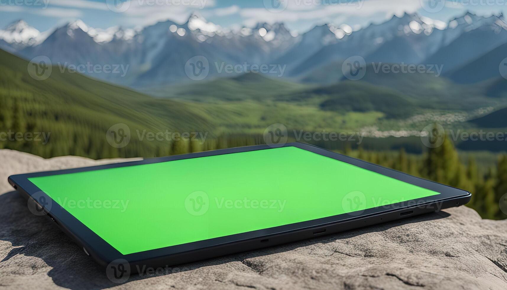 Tablet on Mountaintop with Green Screen photo