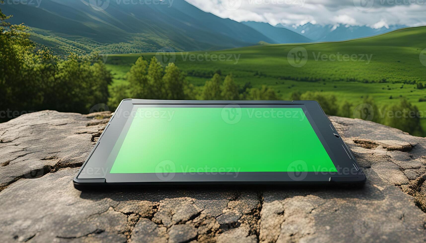 Tablet on a Rocky Ridge with Mountain Views photo