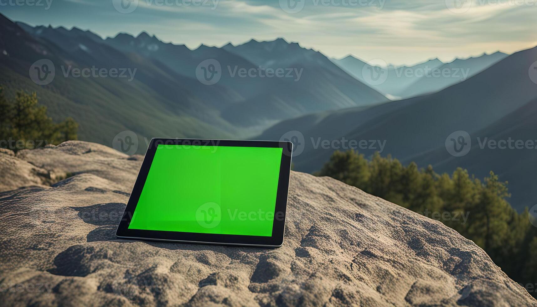 Tablet on Mountaintop with Green Screen photo