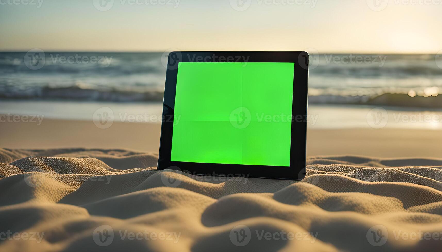 Tablet on Beach with Green Screen photo