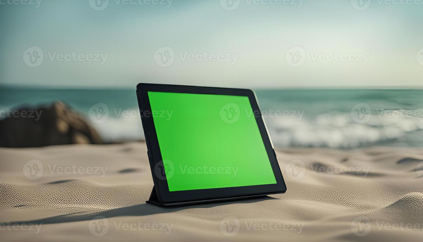 Tablet on the Beach with Green Screen photo