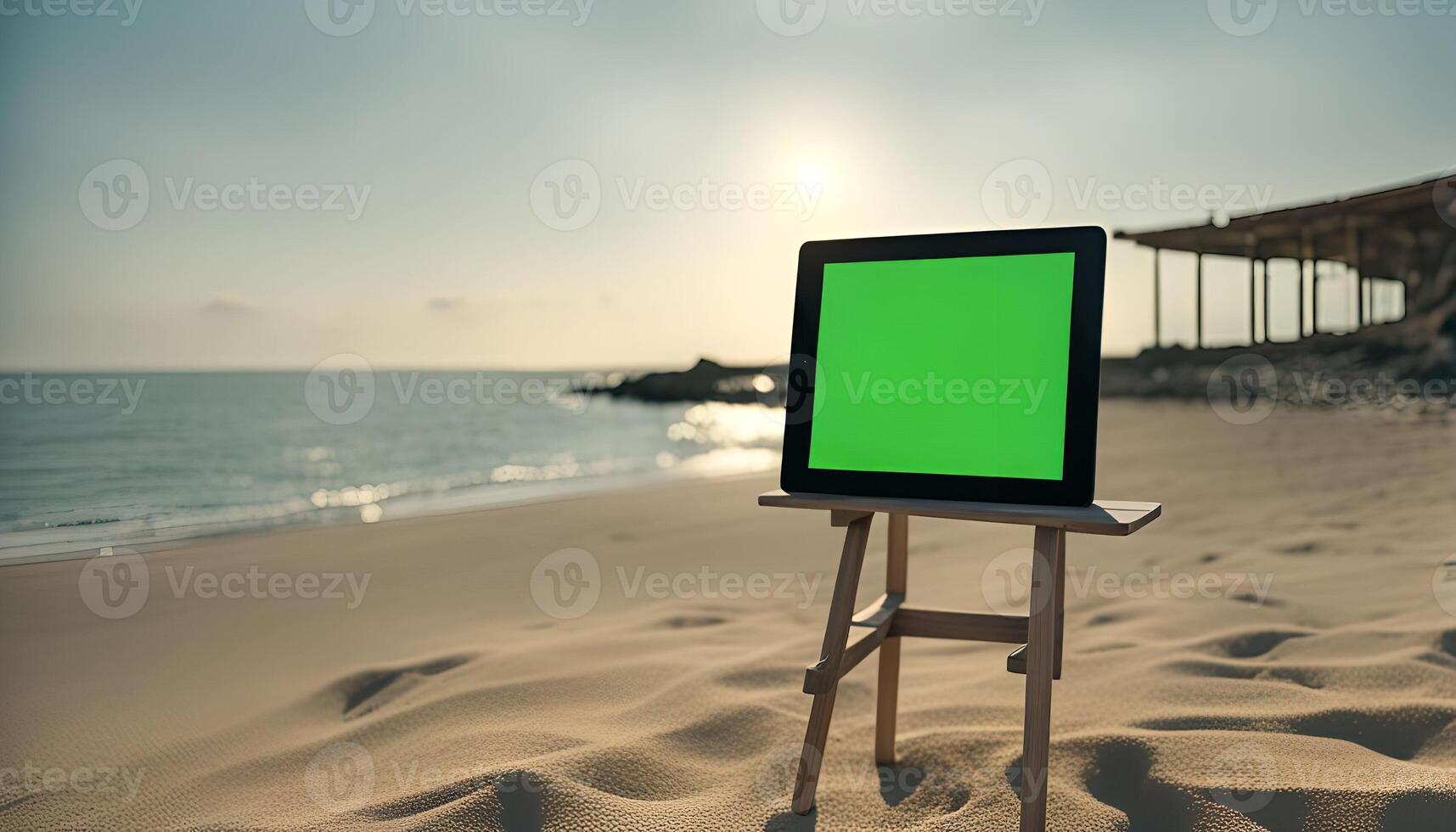 Tablet on an easel on a beach at sunset. photo