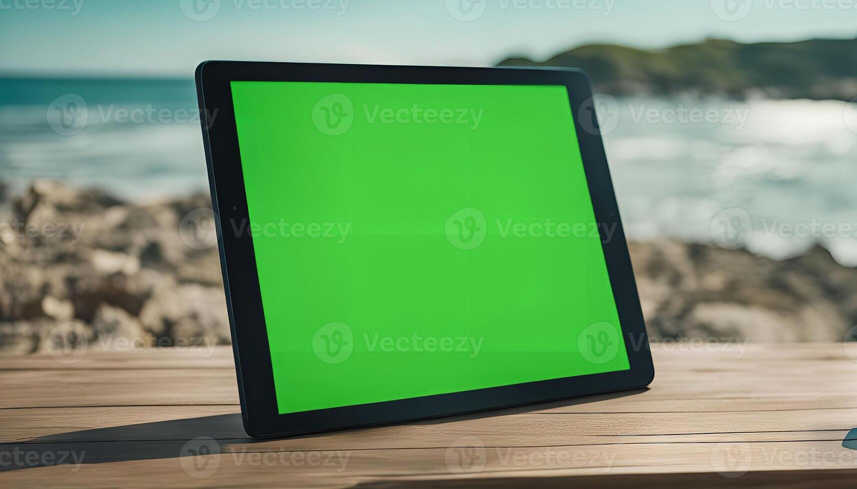 Tablet on a Wooden Table with a Beach in the Background photo