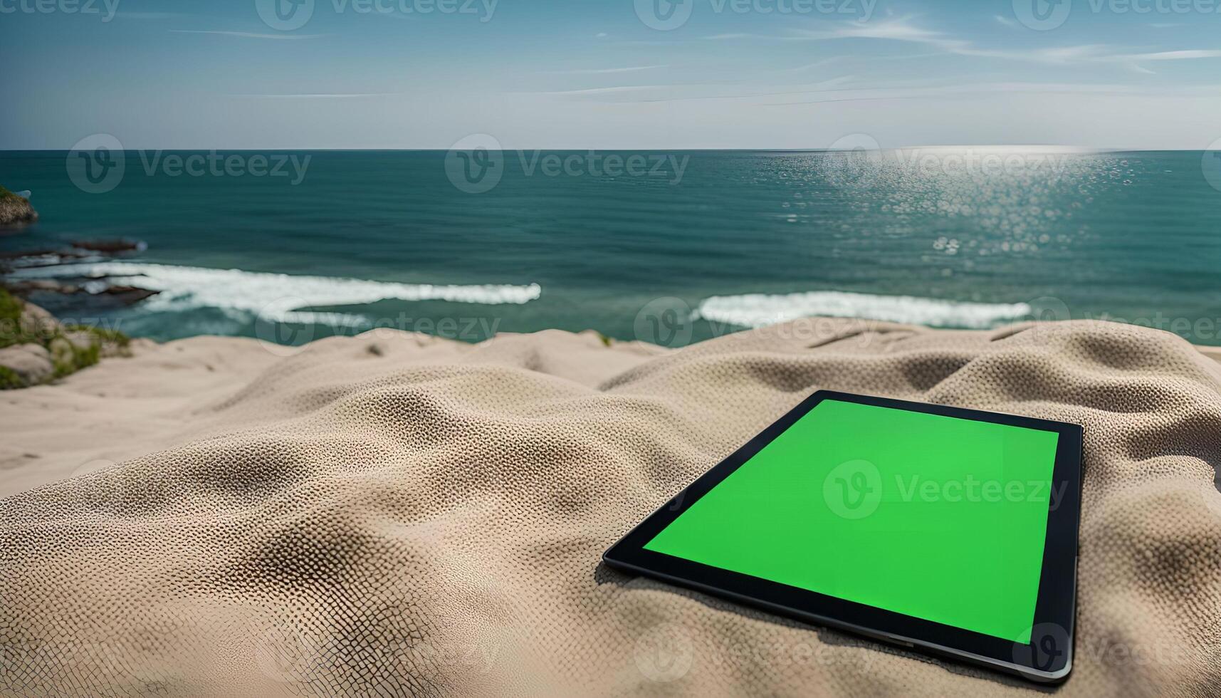Tablet on a Sandy Beach with Ocean View photo