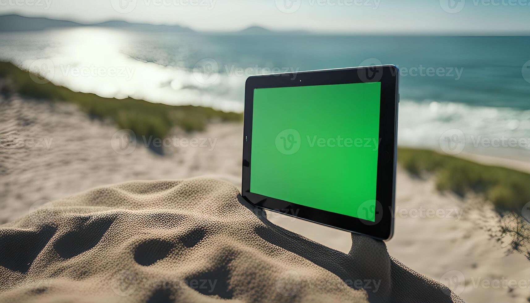 Tablet on a Beach with Green Screen photo
