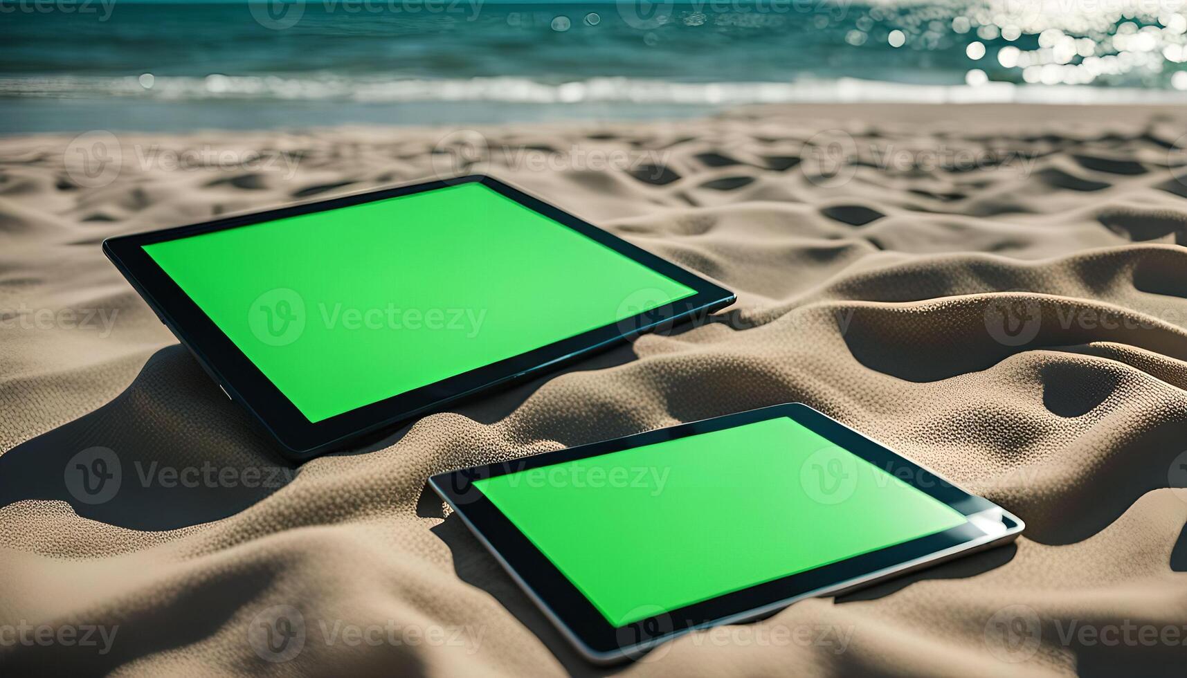 Two Tablets on a Sandy Beach photo