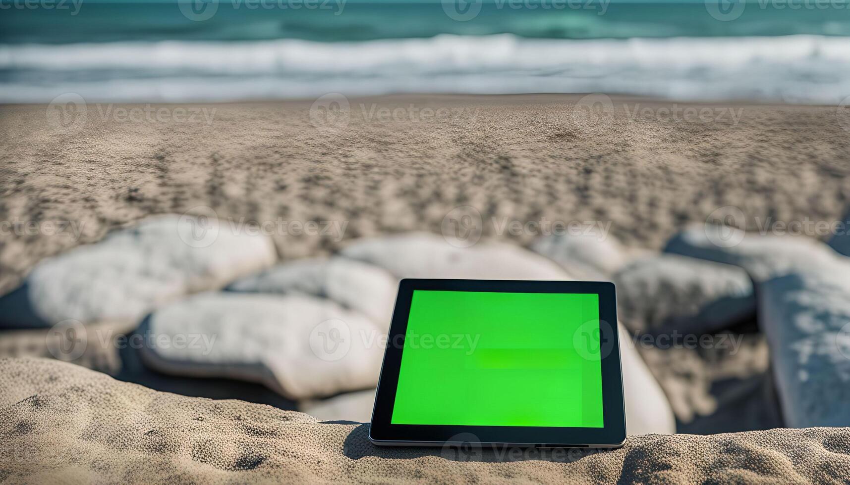 Tablet on a Sandy Beach with Ocean in Background photo