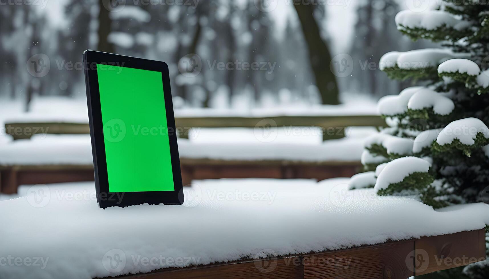 Tablet in Snow with Green Screen photo