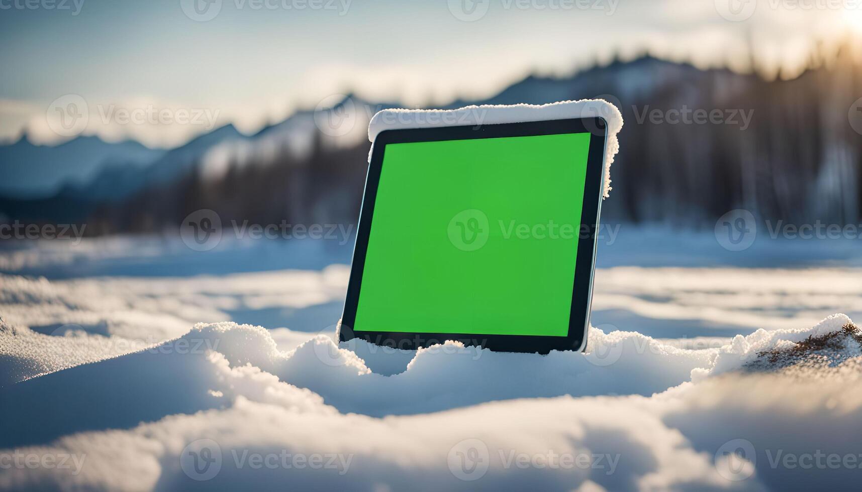Tablet in Snowy Mountain Landscape photo