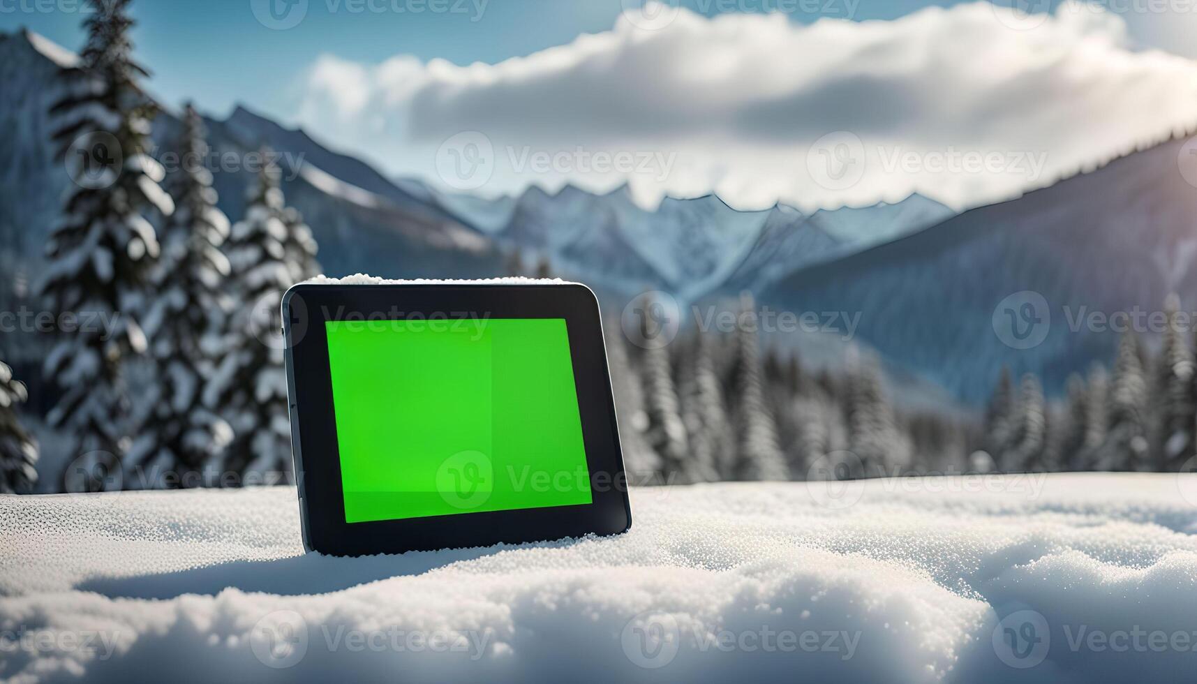 Tablet in a Snowy Mountain Landscape photo