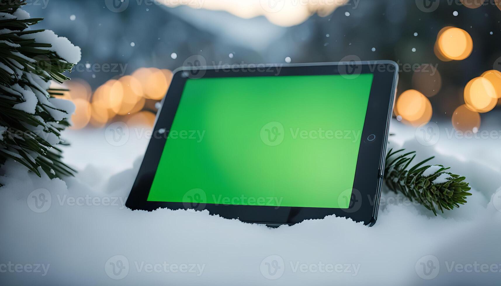 Tablet in the Snow with Blurred Lights photo