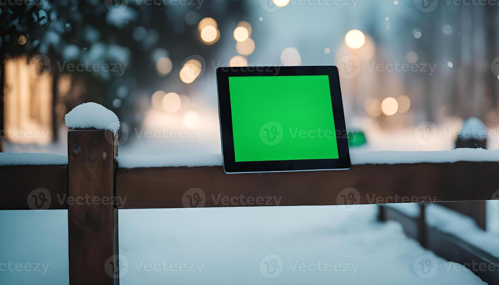 Tablet on Snowy Fence in Winter Evening photo