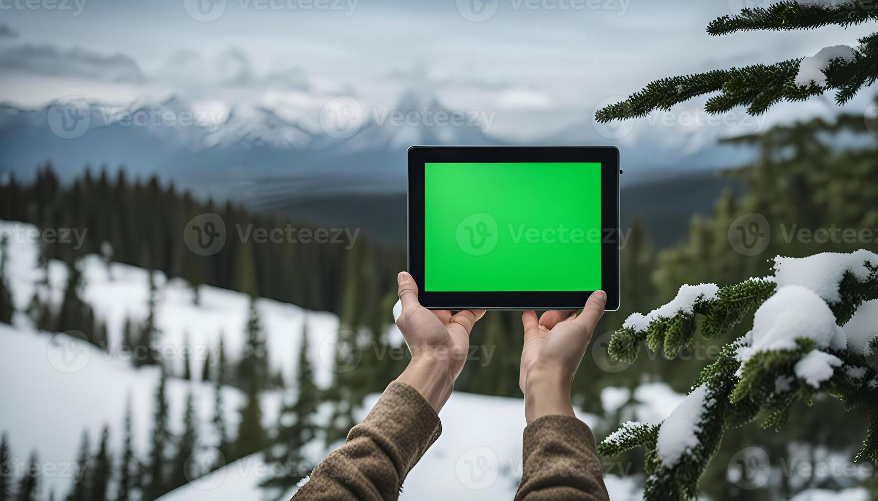 Person Holding Tablet in Front of Snowy Mountain Landscape photo