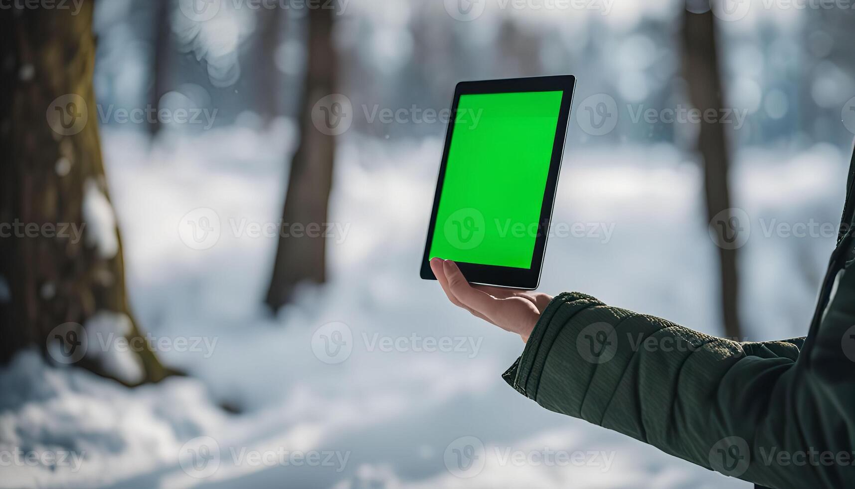 Person Holding Tablet in a Snowy Forest photo
