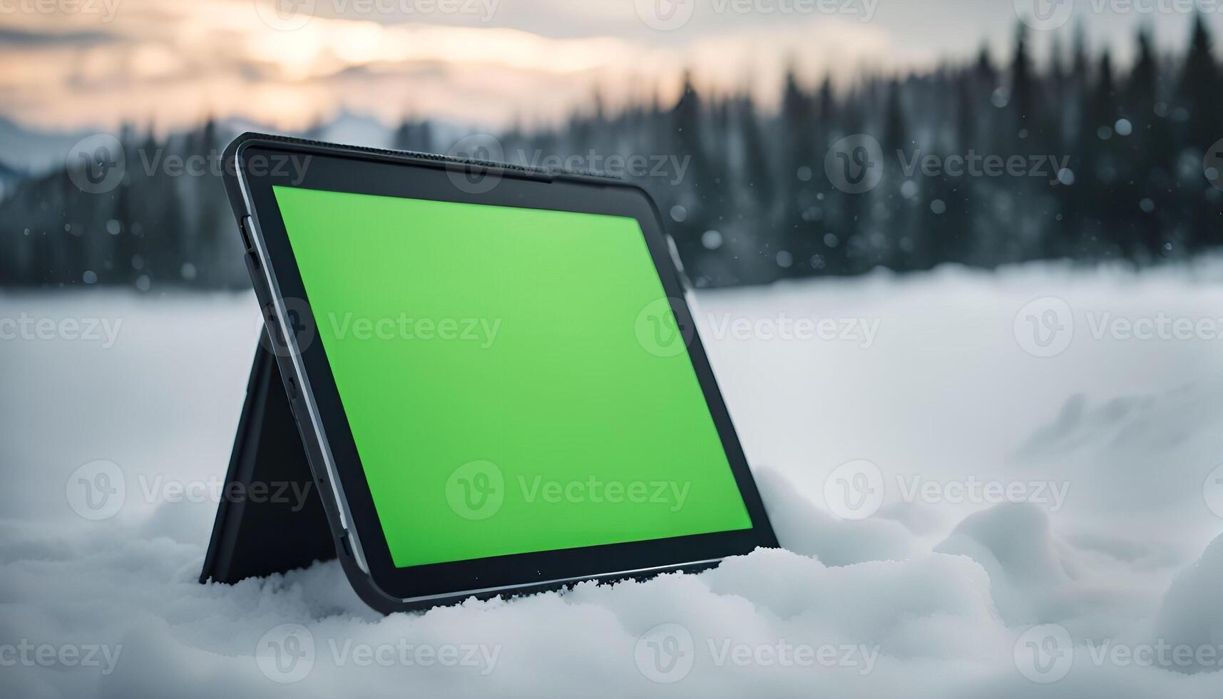 Tablet in Snow with Green Screen photo