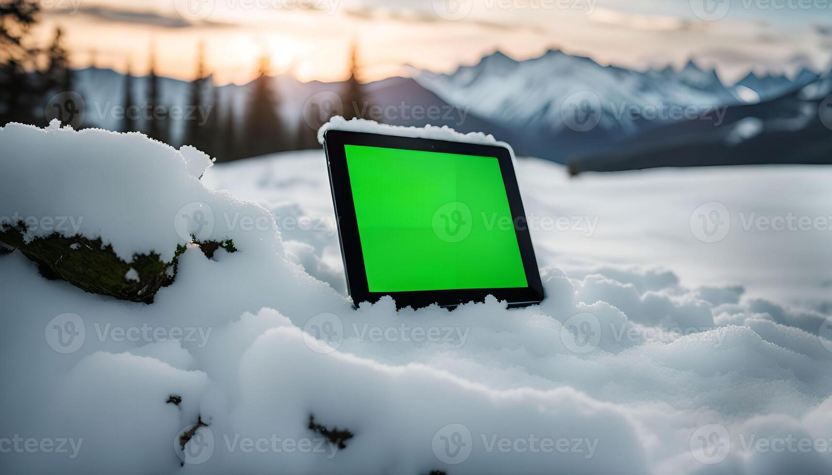Tablet in Snowy Mountain Landscape photo