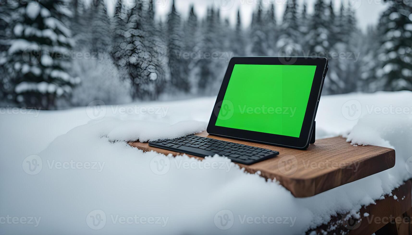 Tablet and Keyboard in Snowy Forest photo