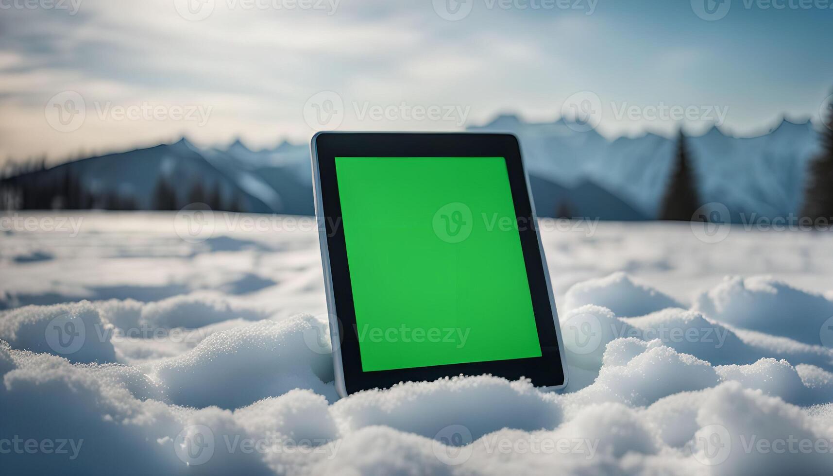 Tablet in Snow-Covered Mountain Landscape photo