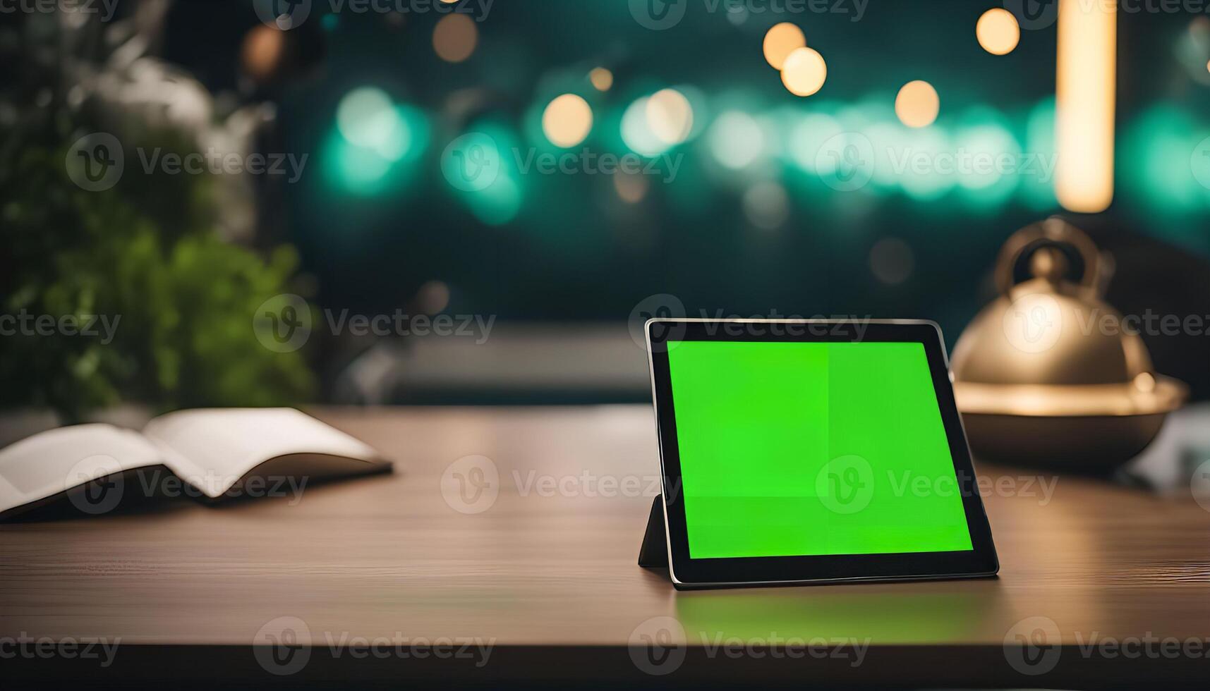 Tablet on a Table with Green Screen photo