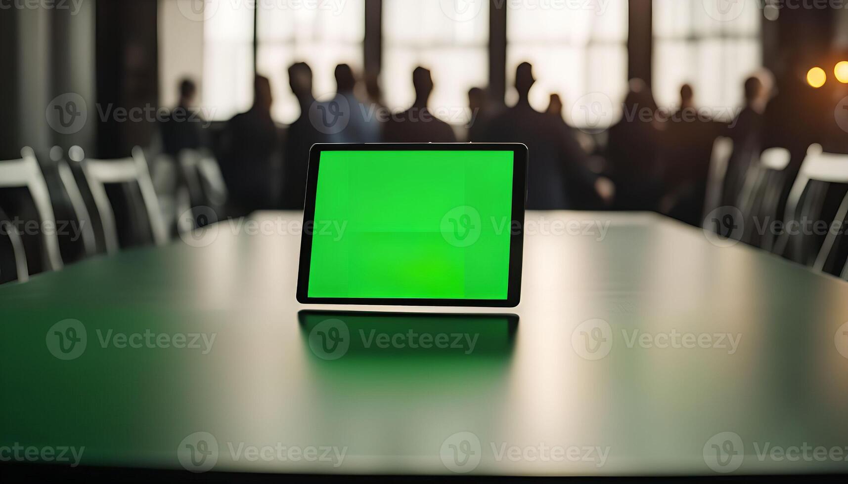 Tablet on Green Table in Conference Room photo