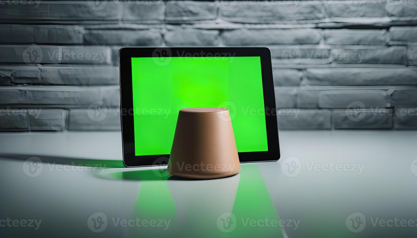 Tablet and Cylindrical Object on a White Table photo