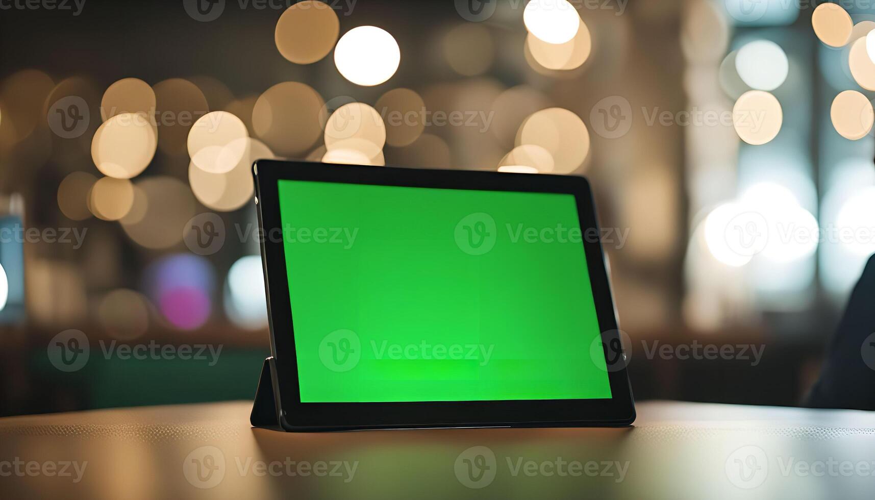 Green Screen Tablet on Table with Bokeh Lights photo