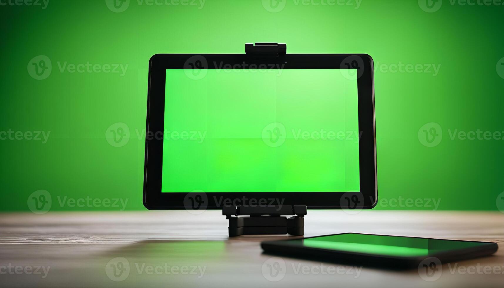 Tablet with Green Screen on a Wooden Table photo