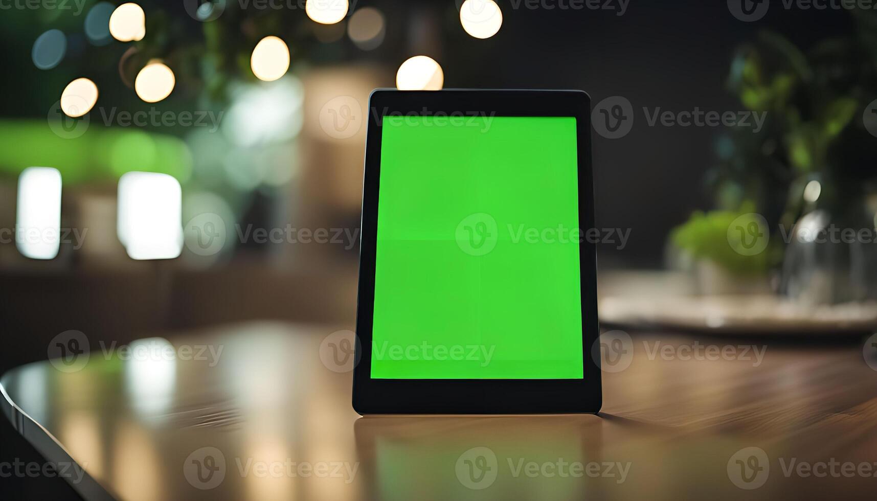 Tablet on a Table with Green Screen photo