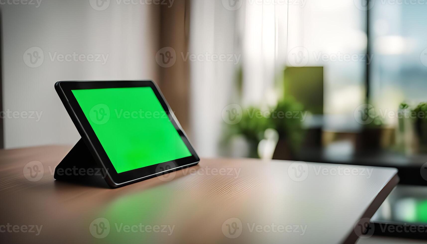 Tablet with Green Screen on Wooden Table photo