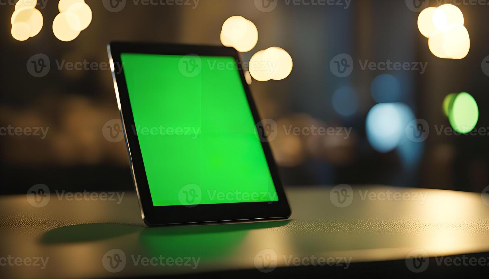 Tablet with Green Screen on Table in Dimly Lit Interior photo
