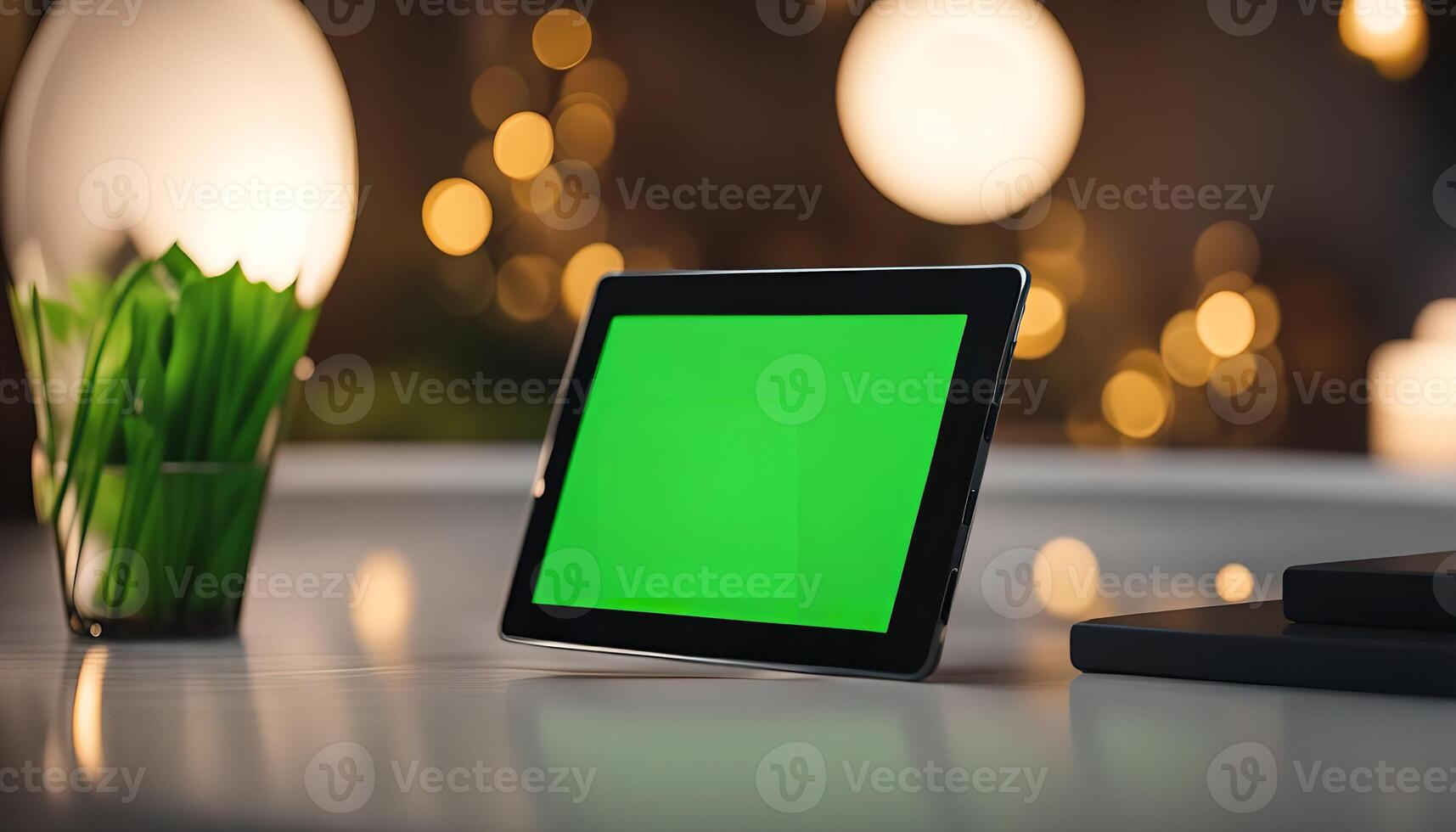 Tablet with Green Screen on a Table with Warm Lights photo