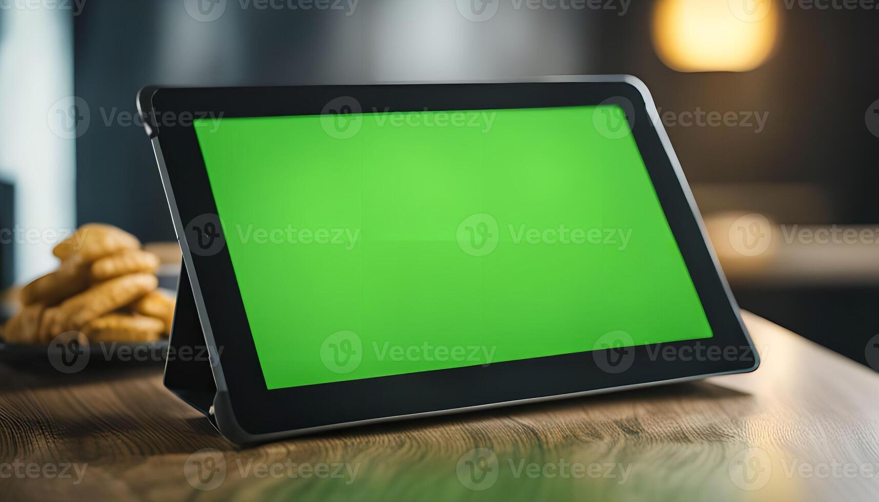 Tablet on a Wooden Table with a Green Screen photo