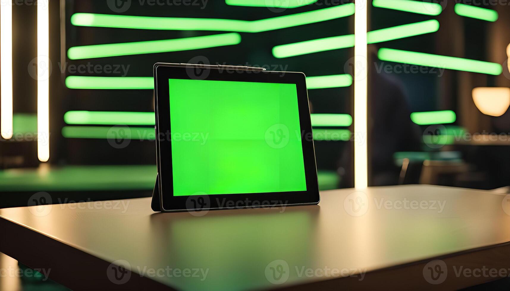 Tablet on a Table with a Green Screen photo