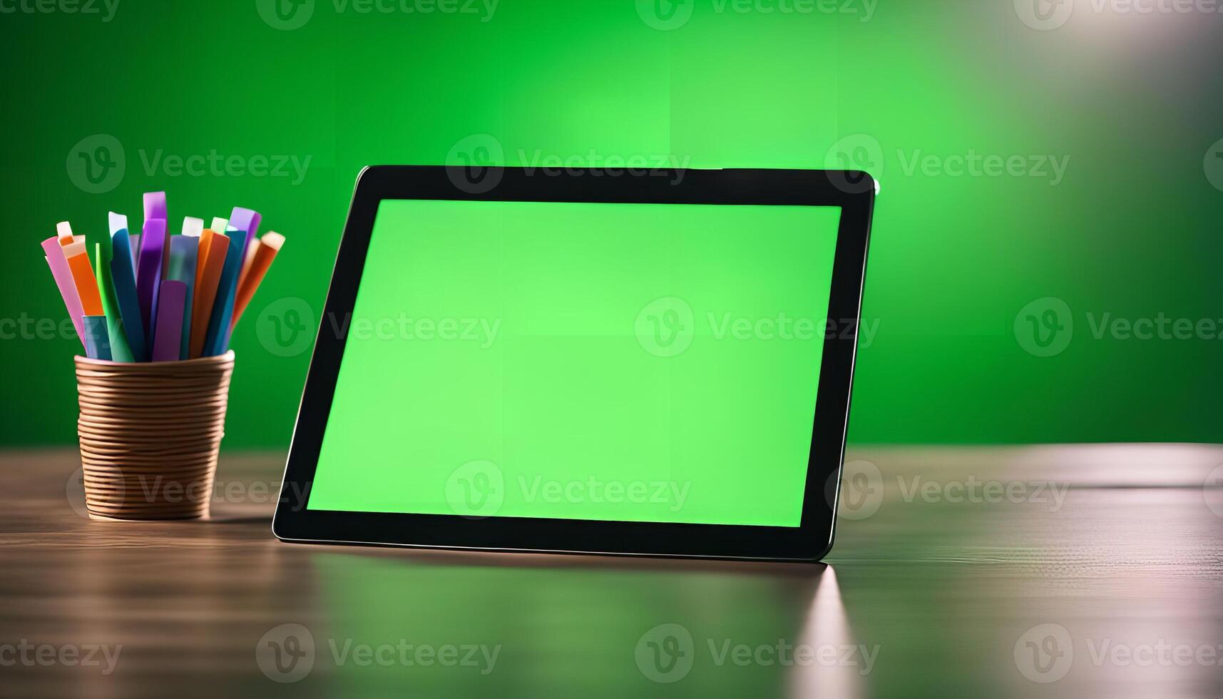 Tablet on a Desk with a Green Screen and Colorful Pens photo