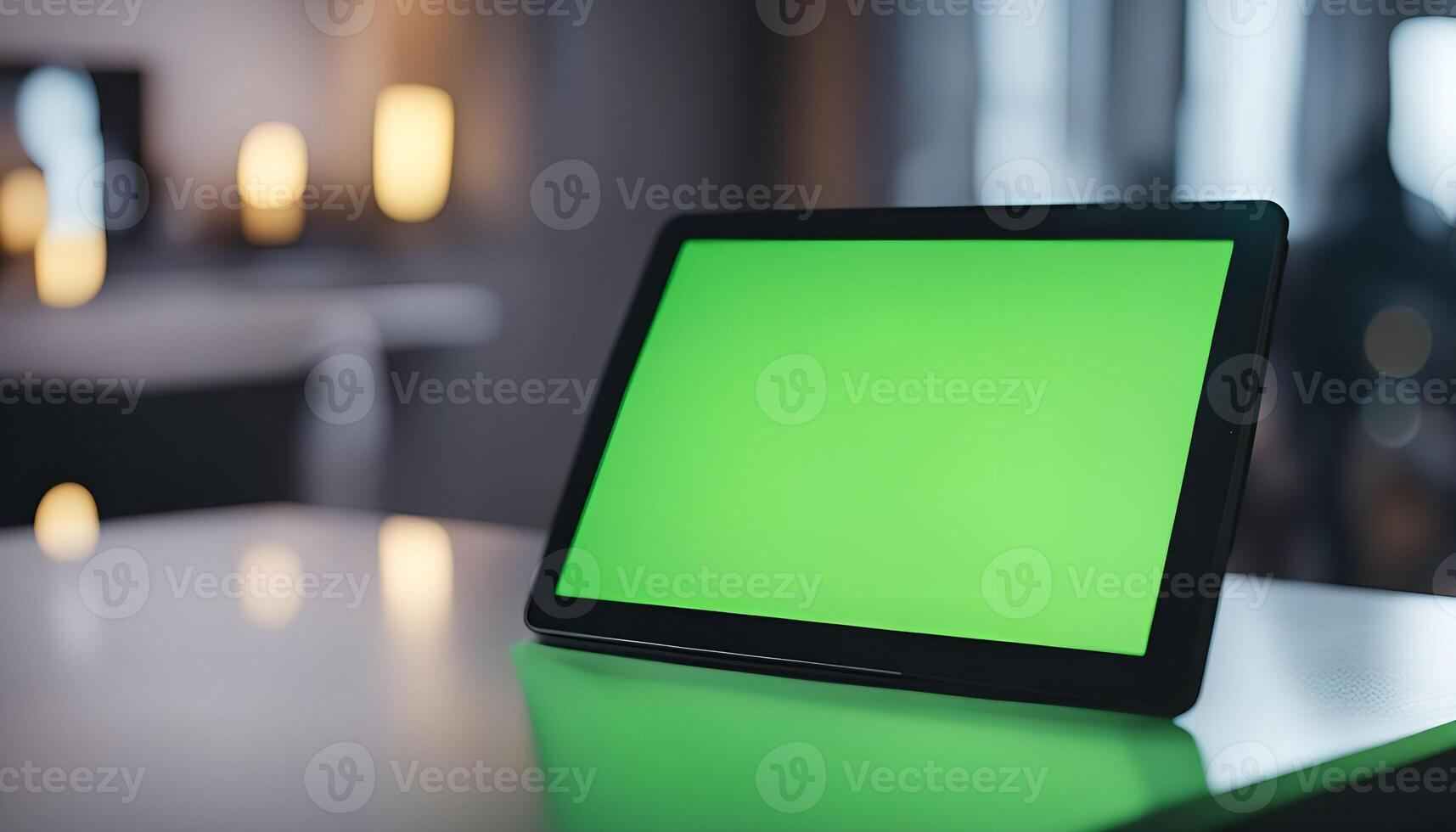 Tablet on Table with Green Screen photo