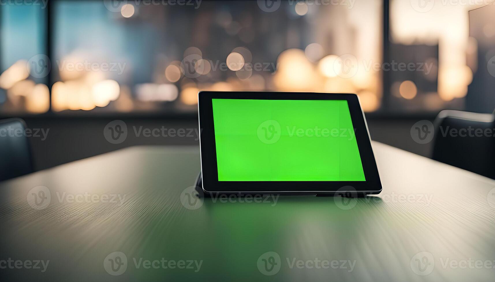 Tablet with Green Screen on a Table in an Office Setting photo
