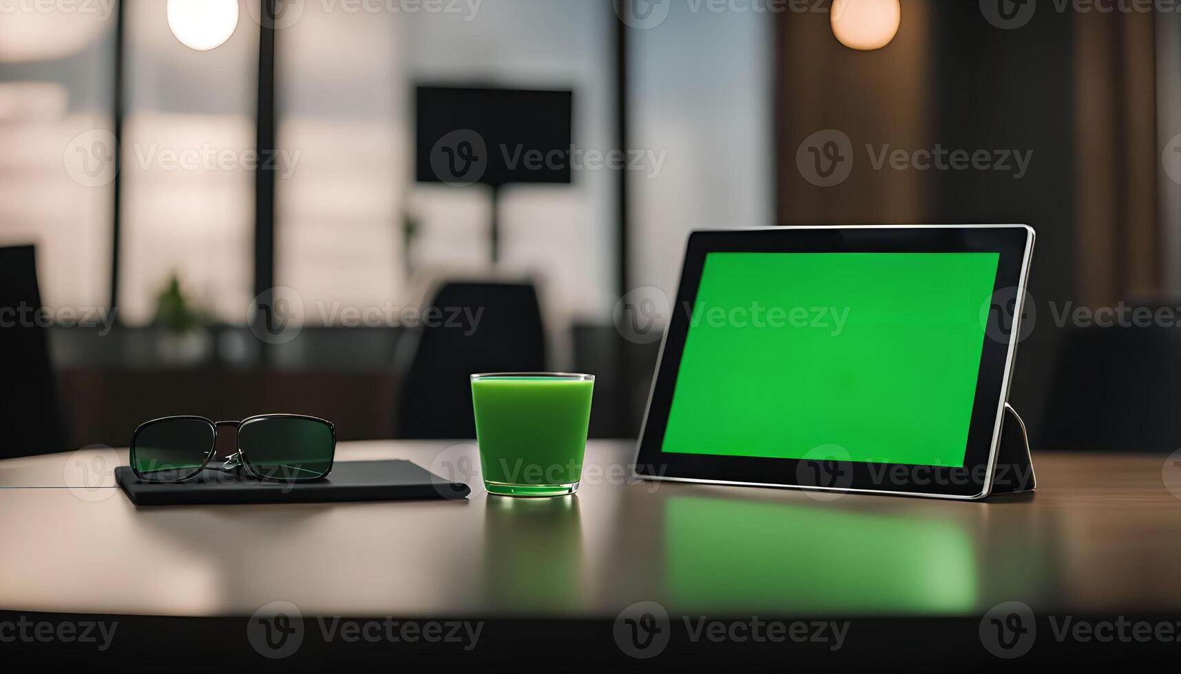 Tablet, Sunglasses, Drink on Table in Office photo